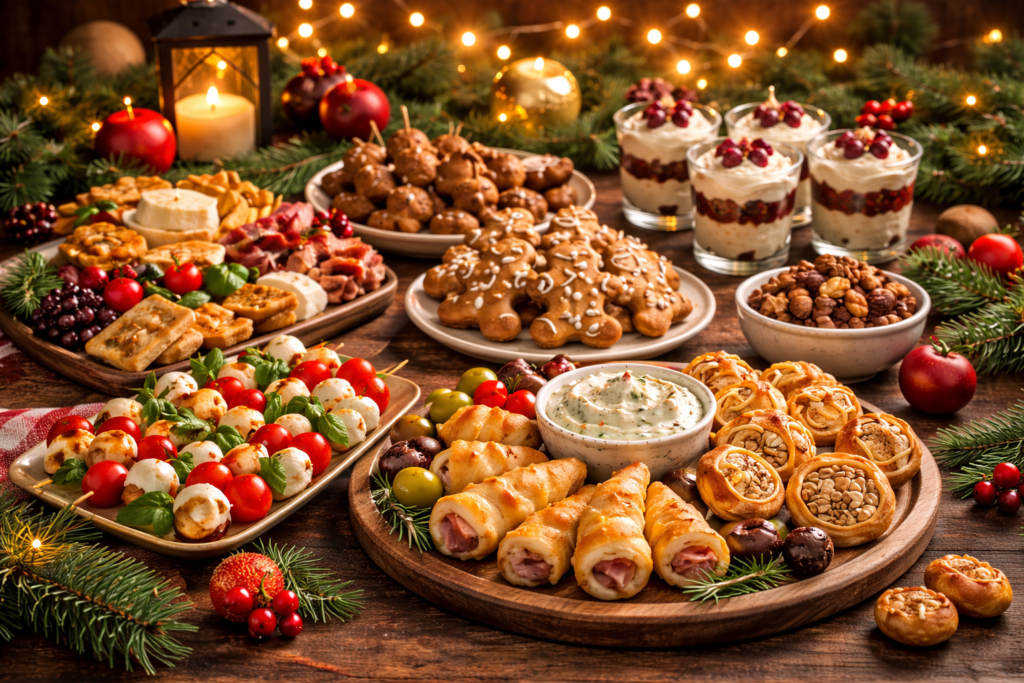 Homemade Christmas snacks and festive party food for a cozy holiday celebration